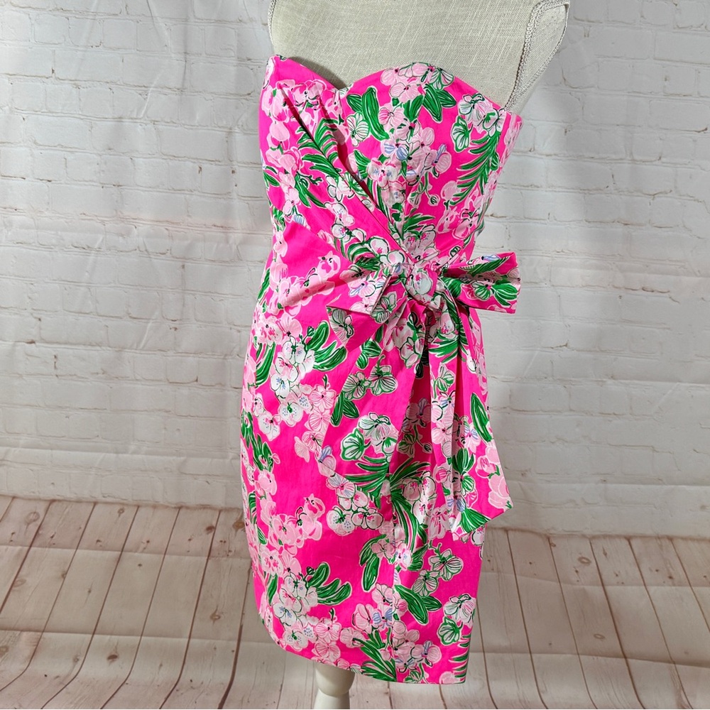 🆕 Lilly Pulitzer Stella Strapless Dress Roxie Pink Green Bow Fitted XS 0 - Picture 5 of 9